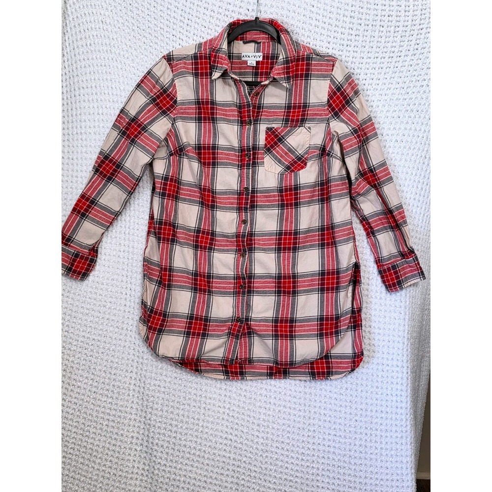 AVA & VIV Plaid Tunic Shirt‎ Dress Red Beige Long Sleeve Button Up Size X